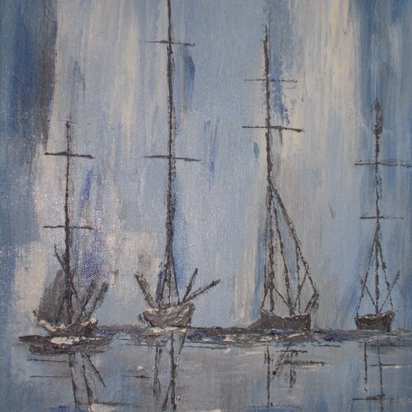 Vintage "Ships At Sea" oil painting, signed 11"x14" on stretched canvas - Picture 1 of 3
